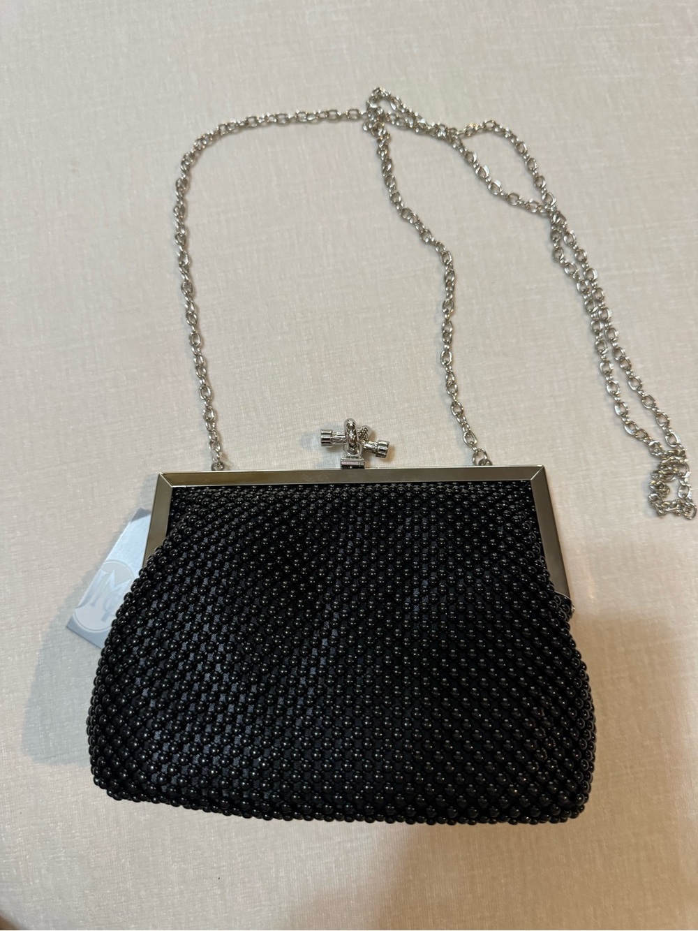 Jessica McClintock Black Beaded Mini Clutch with Silver Chain